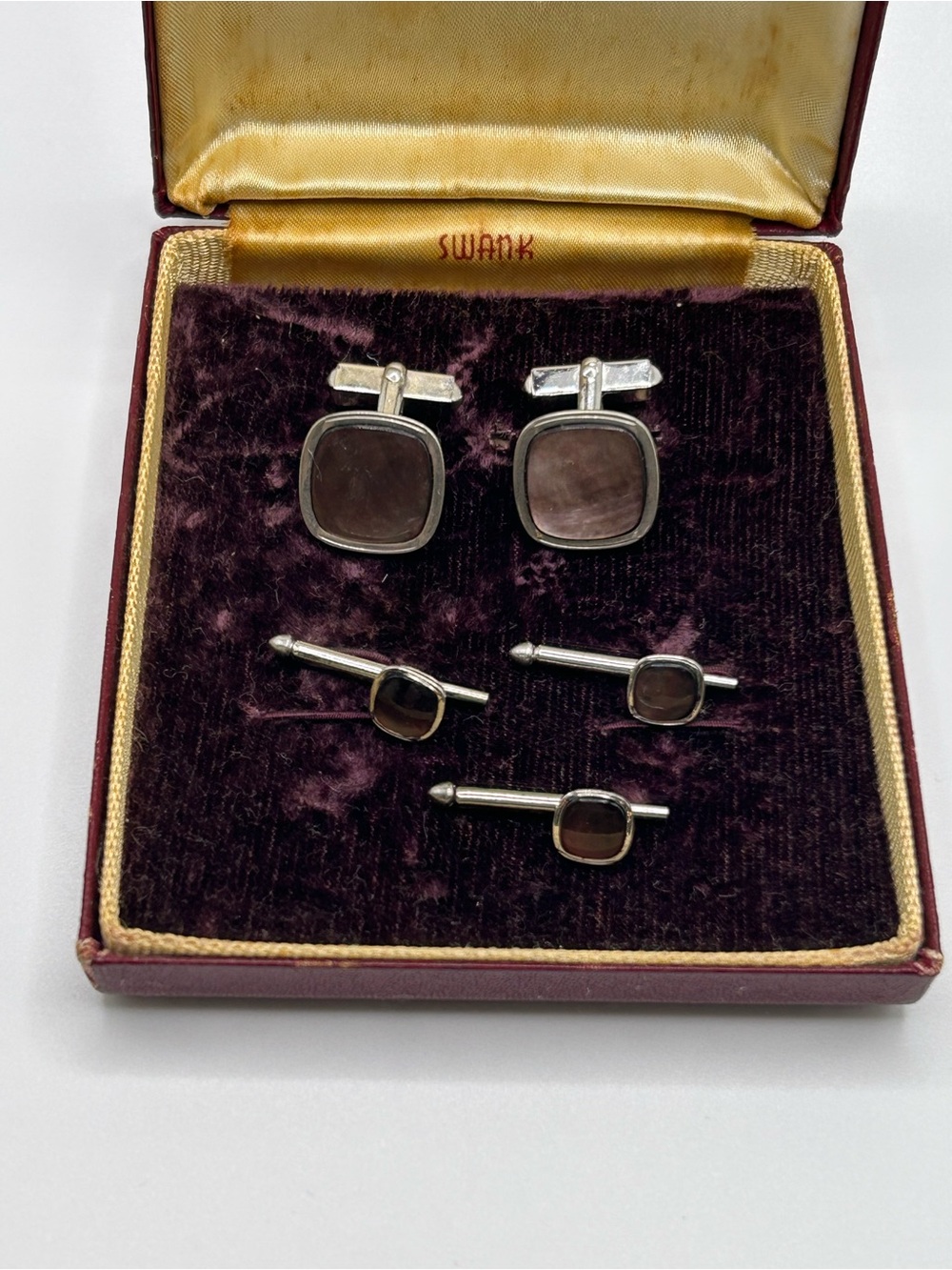 Vintage SWANK Mother of Pearl Cufflinks Shirt Studs Set Boxed Tuxedo